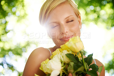 Buy stock photo Smile, sunshine and woman in garden with flower bouquet for holiday in spring with green trees. Happiness, freedom or face of girl in park with roses on nature vacation in floral countryside to relax