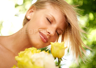 Buy stock photo Thinking, nature and happy woman in garden with flowers for holiday in spring in outdoor floral forest. Smile, calm and face of girl smelling roses in countryside in sunshine on vacation to relax.