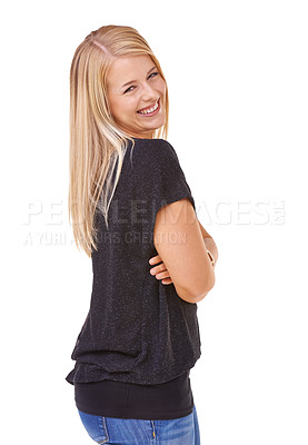 Buy stock photo Happy, woman and portrait with arms crossed and fashion in studio, white background or mockup. Casual, style and college student smile with confidence and pride in trendy outfit with denim jeans