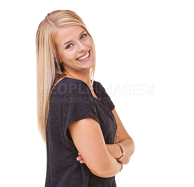 Buy stock photo Happy, portrait and woman with arms crossed and beauty in studio, white background or mockup. Natural, makeup and college student smile with confidence and pride from dermatology and skincare