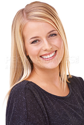 Buy stock photo Portrait, hair care or blonde in studio with happy woman for cosmetics isolated on white background. Model, transformation or proud person in Ireland with smile for shine, treatment or beauty results