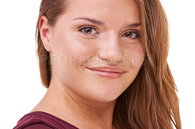 Buy stock photo Beauty, skincare or portrait of ginger woman with smile or pride isolated on white background. Happy model, transformation or person in Ireland, studio or salon for hair shine or natural glow results