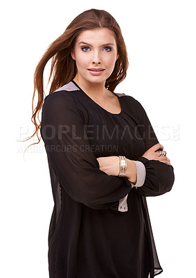 Buy stock photo Portrait, business and woman with arms crossed, happy and model isolated on white studio background. Creative, person or professional with startup or mockup space with fashion company or entrepreneur