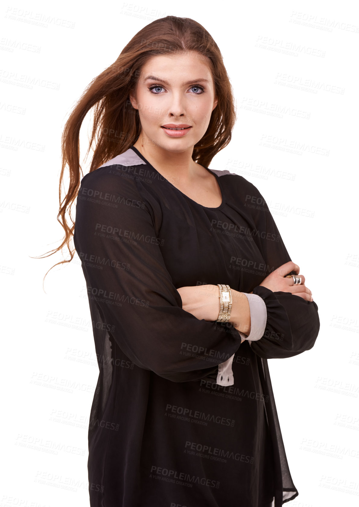 Buy stock photo Portrait, business and woman with arms crossed, happy and model isolated on white studio background. Creative, person or professional with startup or mockup space with fashion company or entrepreneur