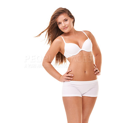 Buy stock photo Full-length portrait of a confident young woman posing in her underwear