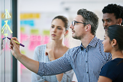 Buy stock photo Leader, brainstorming and team design a creative idea in collaboration together in a meeting and planning a strategy. Management, teamwork and group of employees writing vision for a startup company