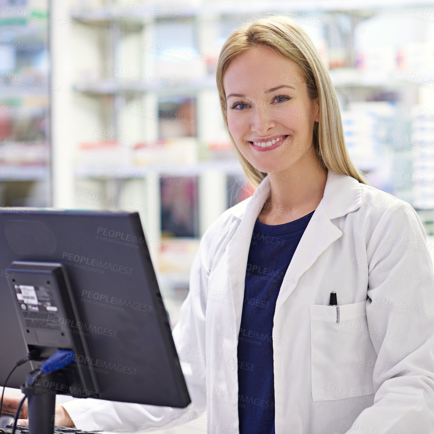 Buy stock photo Pharmacy, computer and woman in portrait with smile, confidence and prescription drugs in clinic. Dispensary, advice and pharmacist with healthcare, medicine and pills for medical service at counter