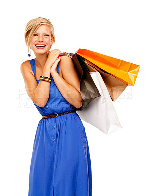 Buy stock photo Happy woman, portrait and shopping bag for discount, sale and retail giveaway in commerce on a white background. Young customer or excited person with gift, luxury deal and casual fashion in studio