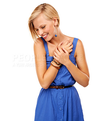 Buy stock photo Laughing, fashion or happy woman in a dress isolated on a white background in studio with confidence. Girl, elegant lady or female model with classy clothes for an event, prom or party on a backdrop