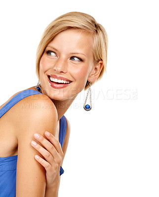 Buy stock photo Woman, smile and thinking in studio with fashion or jewellery accessories, earrings or white background. Female person, thoughts and happiness or style in Australia as mockup space, elegant or classy