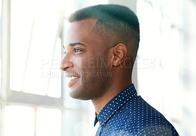 Buy stock photo Businessman, thinking and smiling through window with vision for future dream, startup and company. Black male person, ideas and standing at building opening with thoughts for growth, career and work