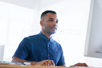 Buy stock photo Computer, typing and man with research in office for creative project on internet by desk. Technology, career and professional male designer working online with desktop for job in modern workplace.