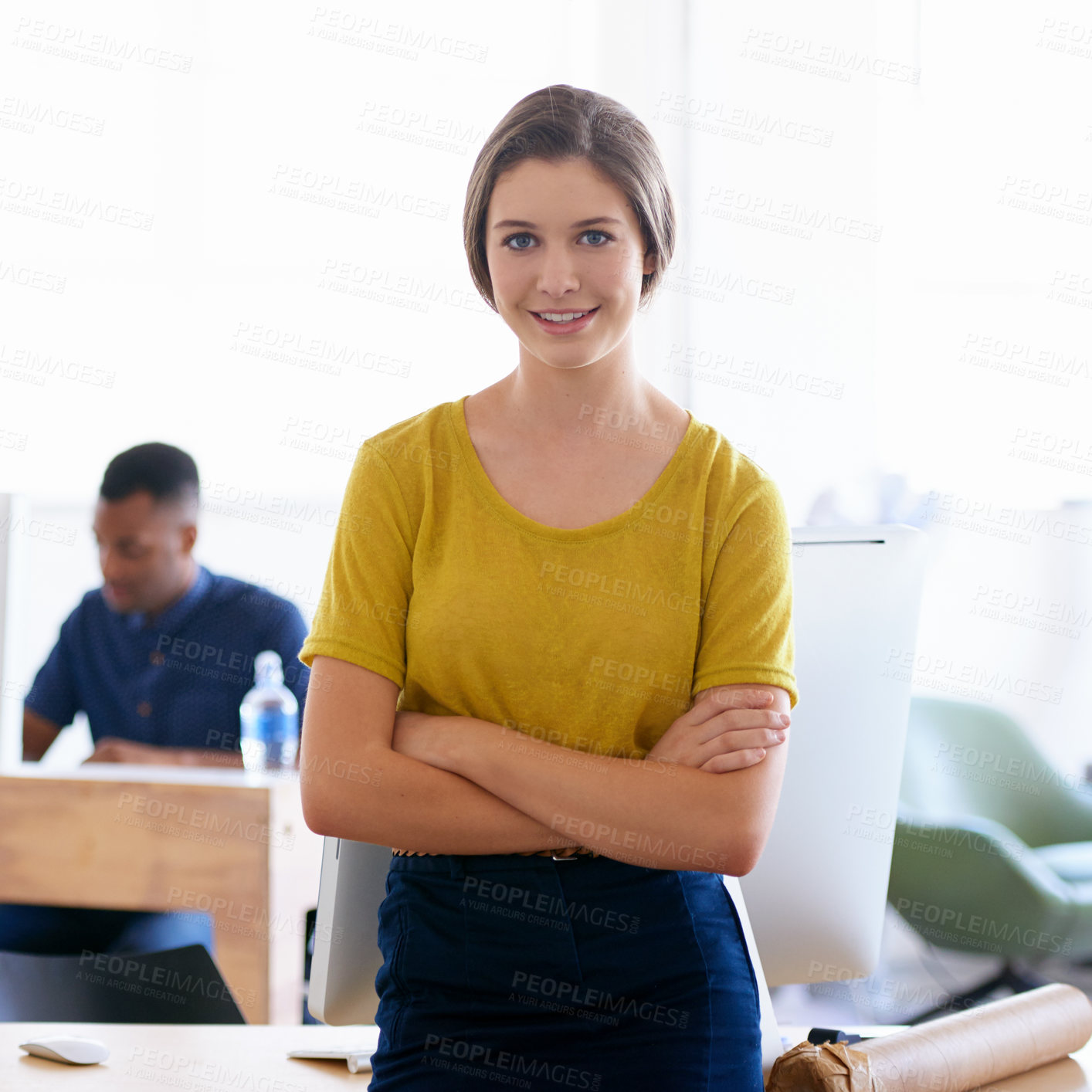 Buy stock photo Portrait, smile and business woman with arms crossed in workplace, office or startup company for job of employee. Face, confidence and happy entrepreneur or creative designer coworking for career