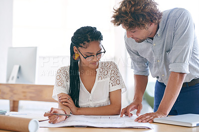 Buy stock photo Creative, advice and blueprint with man, woman and teamwork for project planning in office. Business people, paperwork and happy designer with floor plan for collaboration at architecture agency.