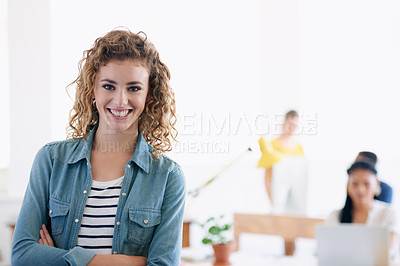 Buy stock photo Happy woman, portrait or confident designer in creative studio for project, internship or small business. Smile, arms crossed or proud employee in workspace for entrepreneurship career or startup