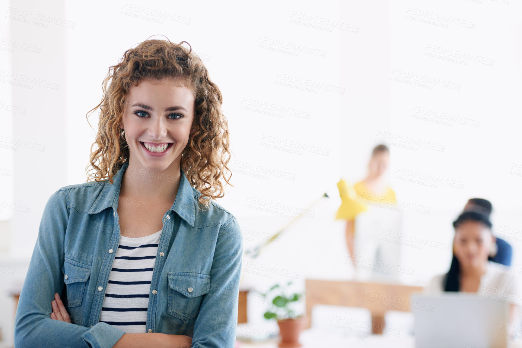 Buy stock photo Happy woman, portrait or confident designer in creative studio for project, internship or small business. Smile, arms crossed or proud employee in workspace for entrepreneurship career or startup