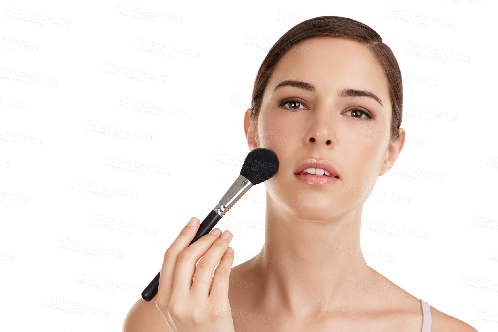 Buy stock photo Cropped portrait of a beautiful young woman applying blusher against a white background