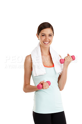 Buy stock photo Shot of a fit  young woman working out with dumbbels isolated on white
