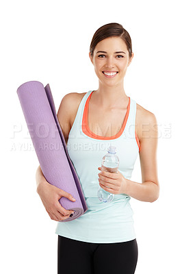 Buy stock photo Portrait of a beautiful young woman holding her exercise mat and a bottle of water