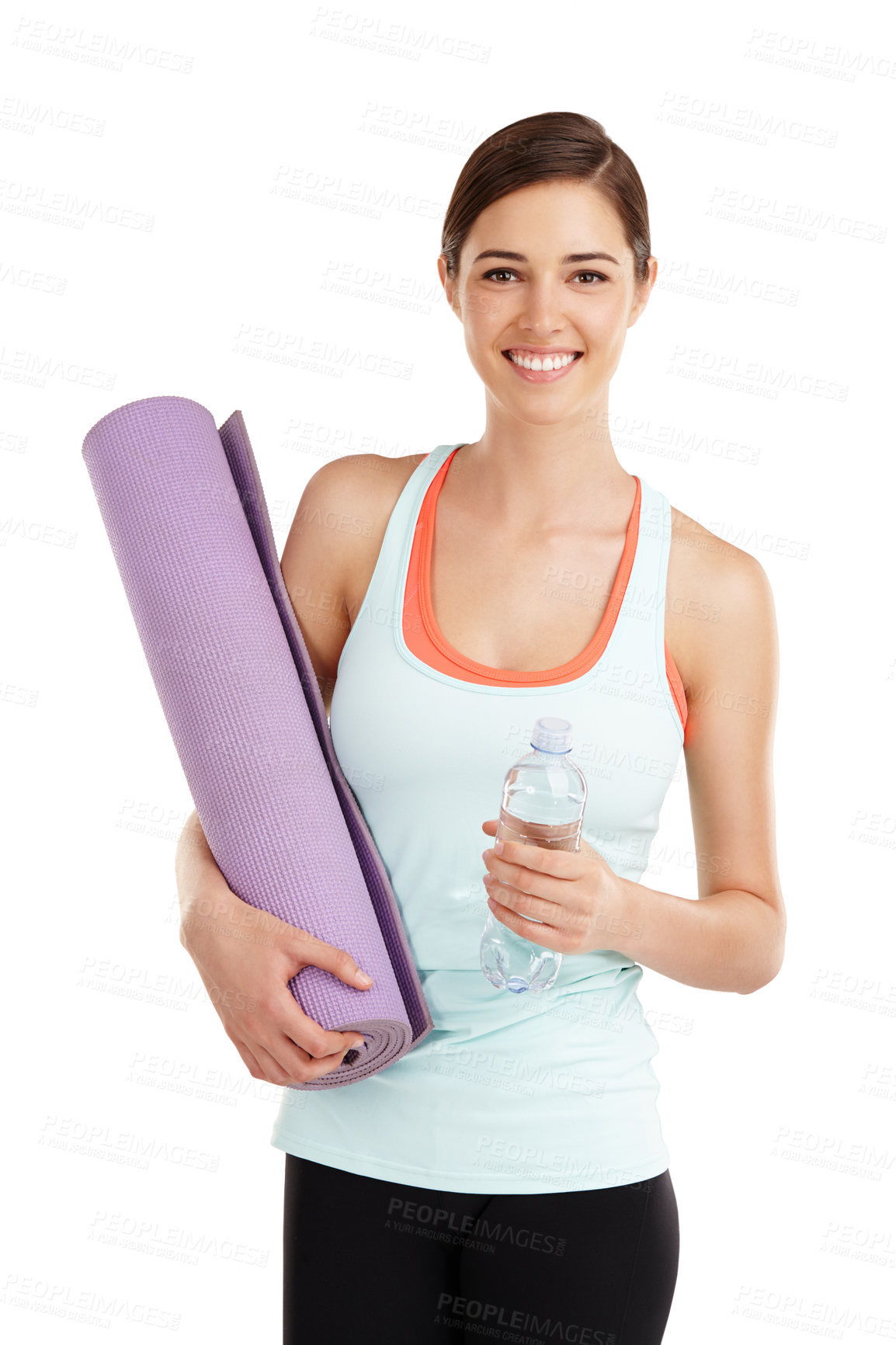 Buy stock photo Portrait of a beautiful young woman holding her exercise mat and a bottle of water