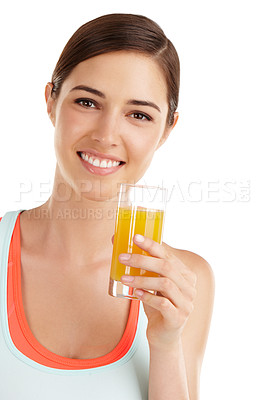 Buy stock photo Pretty young woman isolated on white and drinking a glass of orange juice