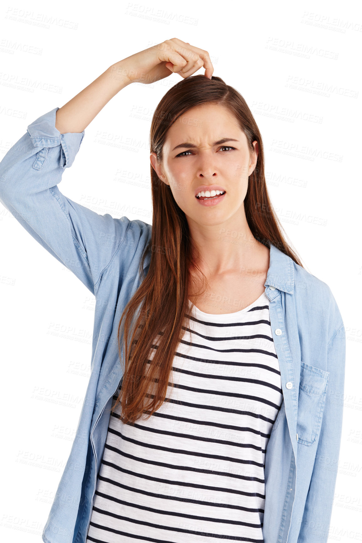 Buy stock photo Confused, portrait and woman scratching head for doubt or news on white background in studio. Female person, decision and uncertain girl with ideas, why and questions for how to, thinking or choice
