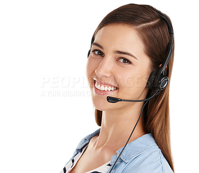 Buy stock photo Studio shot of a beautiful young customer service agent wearing a headset against a white background 