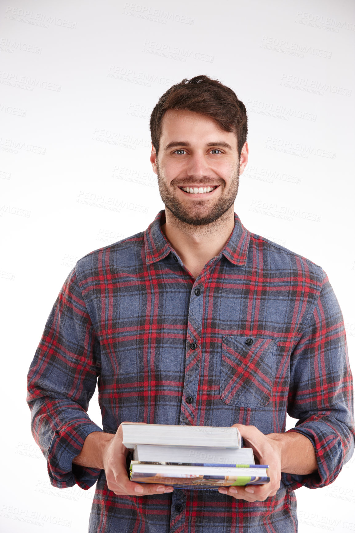 Buy stock photo Man, student and smile with books in studio portrait with pride, education or learning by white background. Person, happy and scholarship for college, development and studying for exam in Australia