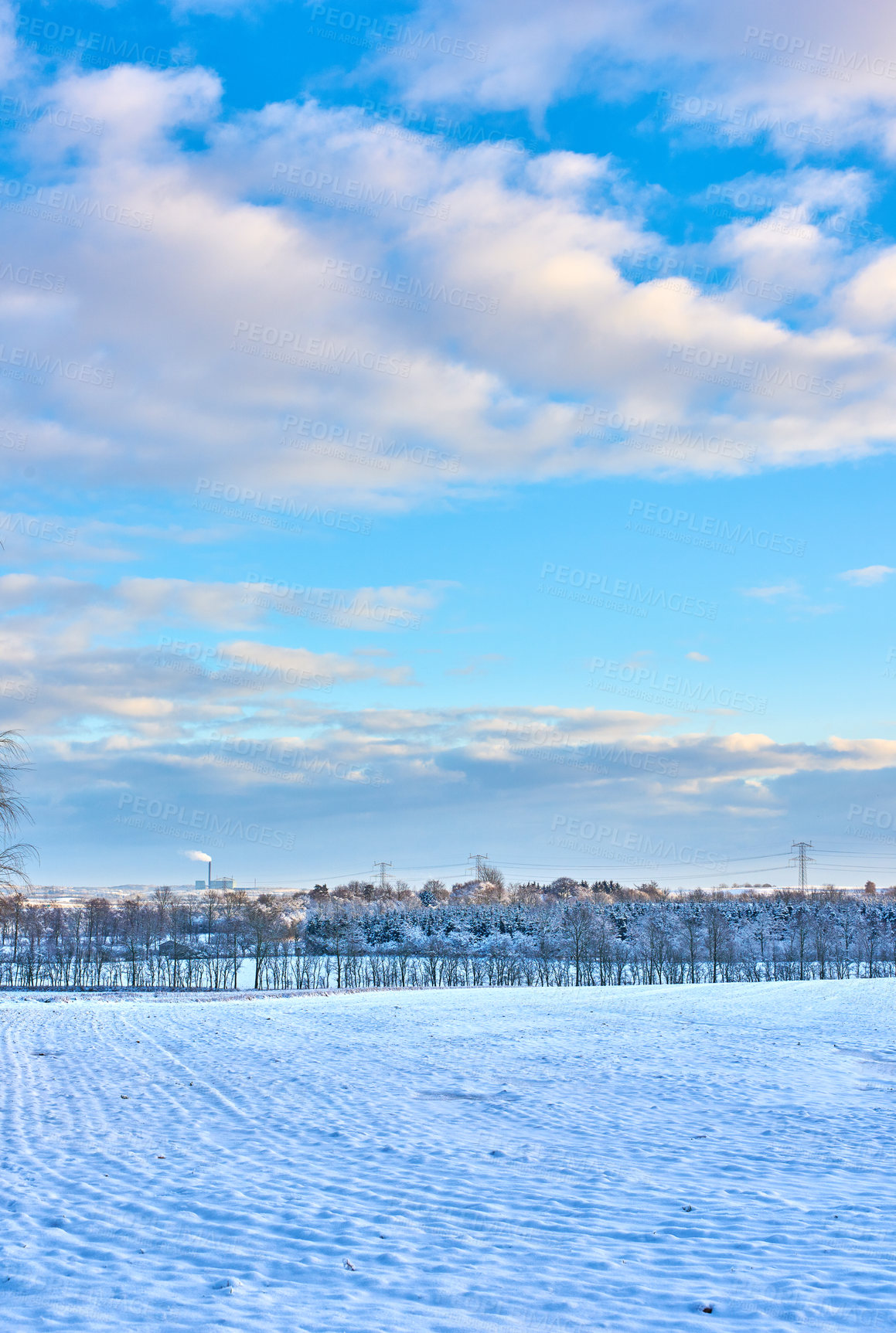 Buy stock photo Winter, landscape and season in snow fall in countryside of Canada with skyline in nature, harmony or peace. Holiday, trip and travel for vacation as wallpaper, background or texture for postcard