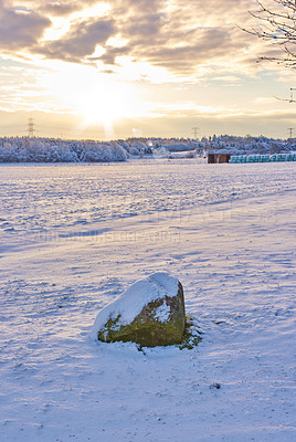 Buy stock photo Winter, landscape and sunset in snow fall on countryside of Canada with climate in nature, harmony or peace. Holiday, trip and travel for vacation as wallpaper, background or texture in North America