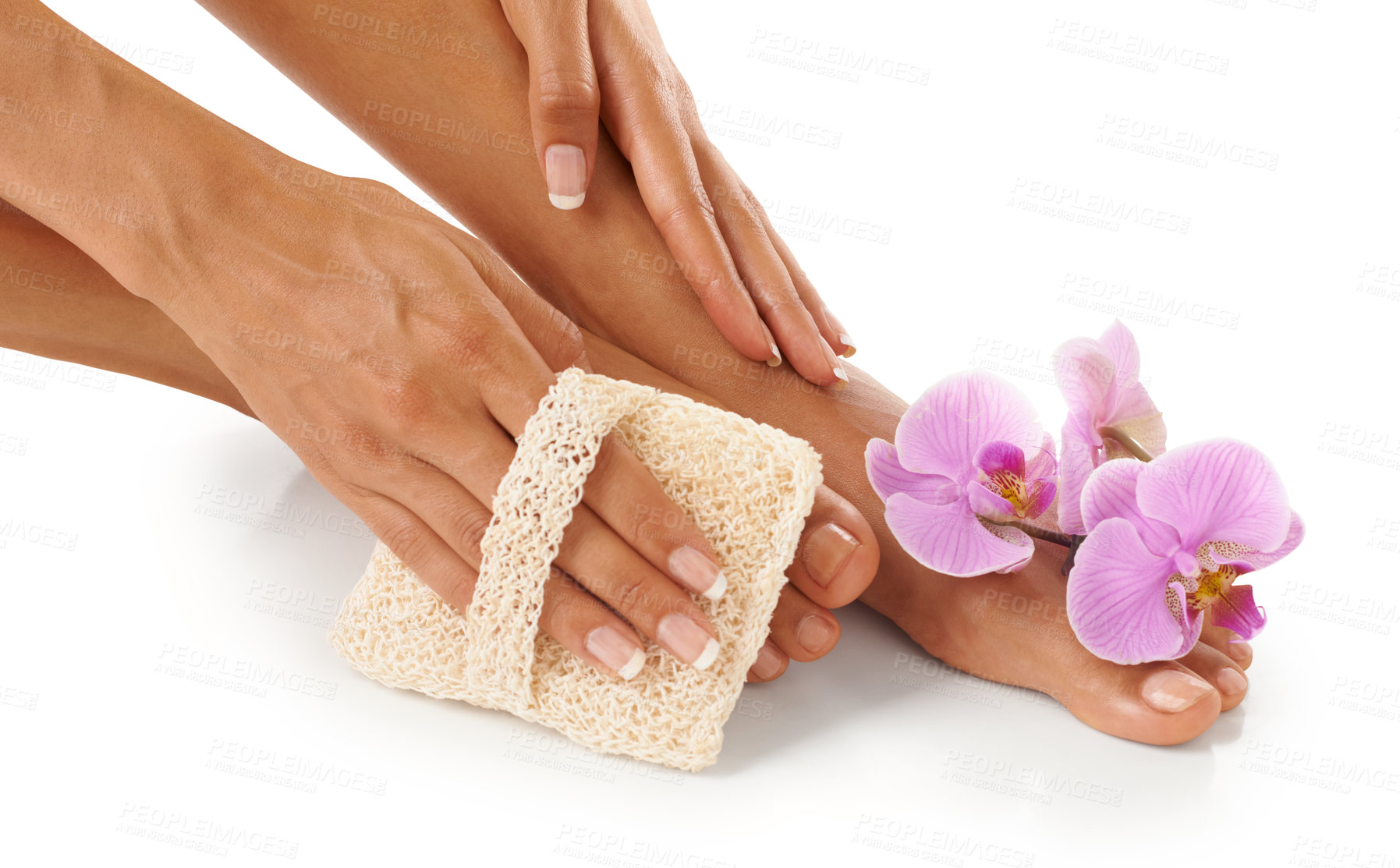 Buy stock photo Spa, scrub and woman with cosmetics, feet and natural beauty for lady isolated on white studio background. Lady, flower and foot with skincare, cleaning and dermatology for luxury pedicure treatment