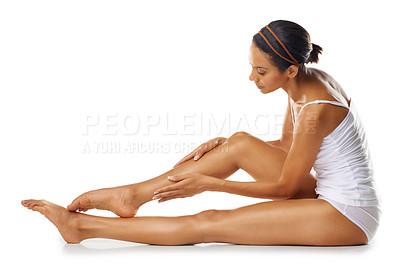 Buy stock photo Legs, beauty and skincare woman in studio for cosmetics, hair removal or self care marketing mockup. Dermatology, aesthetic and natural, skin care model with body glow results on advertising mock up