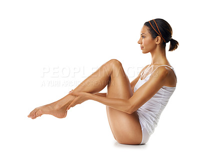 Buy stock photo Legs, health and beauty woman in a studio mockup for body health, wellness and pilates on floor. Workout, cardio and exercise model with balance for muscle goals or results on marketing mock up