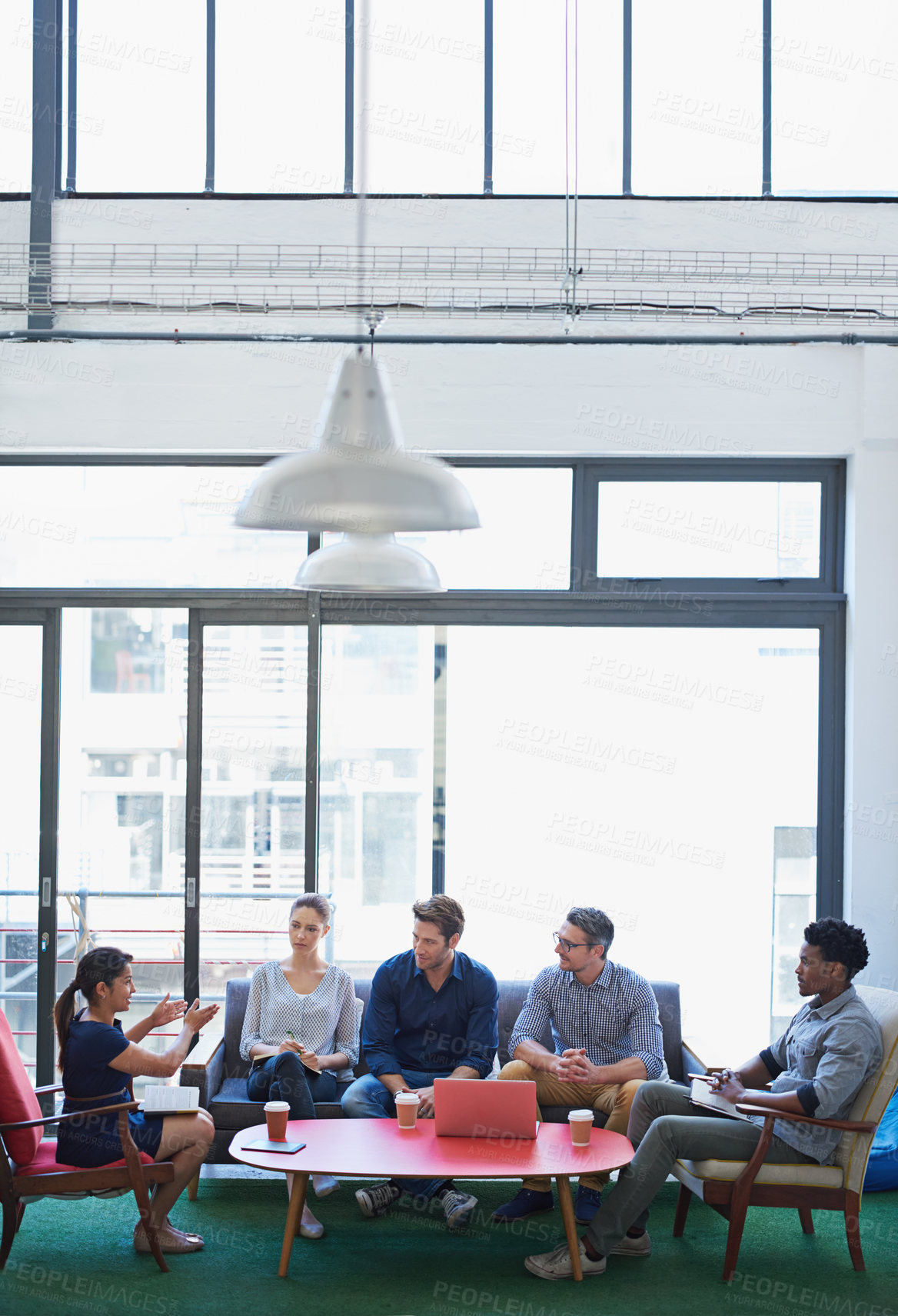 Buy stock photo Business, group and staff in a meeting, talking and collaboration with partnership, teamwork and creativity. Team, men or women share ideas, discussion or planning with conversation and modern office
