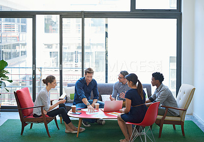 Buy stock photo Business people, group and staff for collaboration, creativity and planning in modern office lounge. Startup, men or women in diversity brainstorming ideas for project, teamwork or meeting discussion