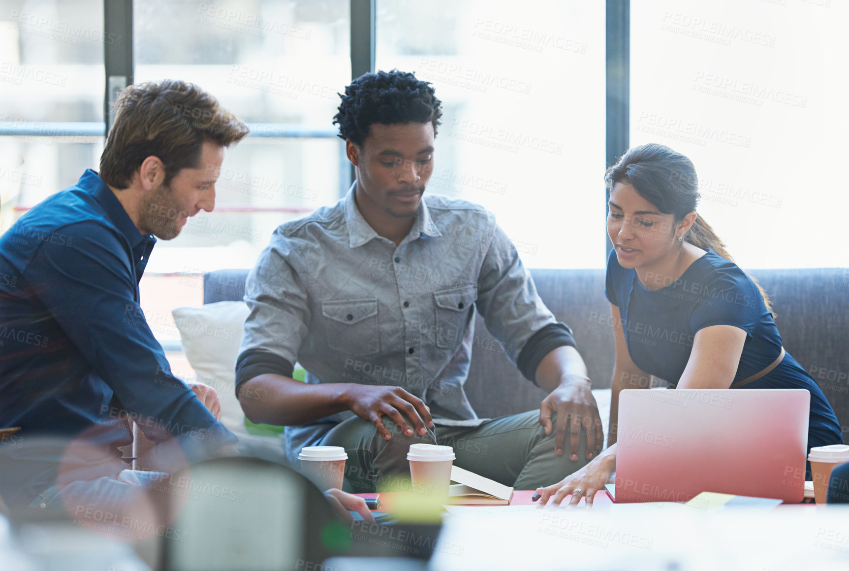 Buy stock photo People in creative meeting, brainstorming and team project management at advertising agency. Communication, collaboration and group strategy, men and woman in discussion, design process at startup