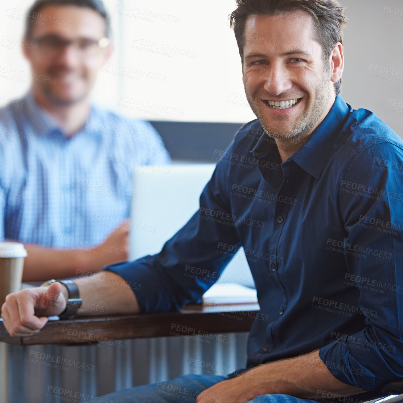 Buy stock photo Meeting, laugh and portrait of business man at coffee shop for planning, conversation and collaboration. Professional, company and happy men in restaurant for feedback, review and discussion on break