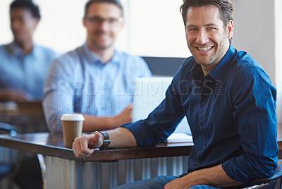 Buy stock photo Meeting, office and portrait of businessman with coffee for teamwork, collaboration and coworking. Professional worker, cafeteria and men with caffeine drink for company break, networking and relax