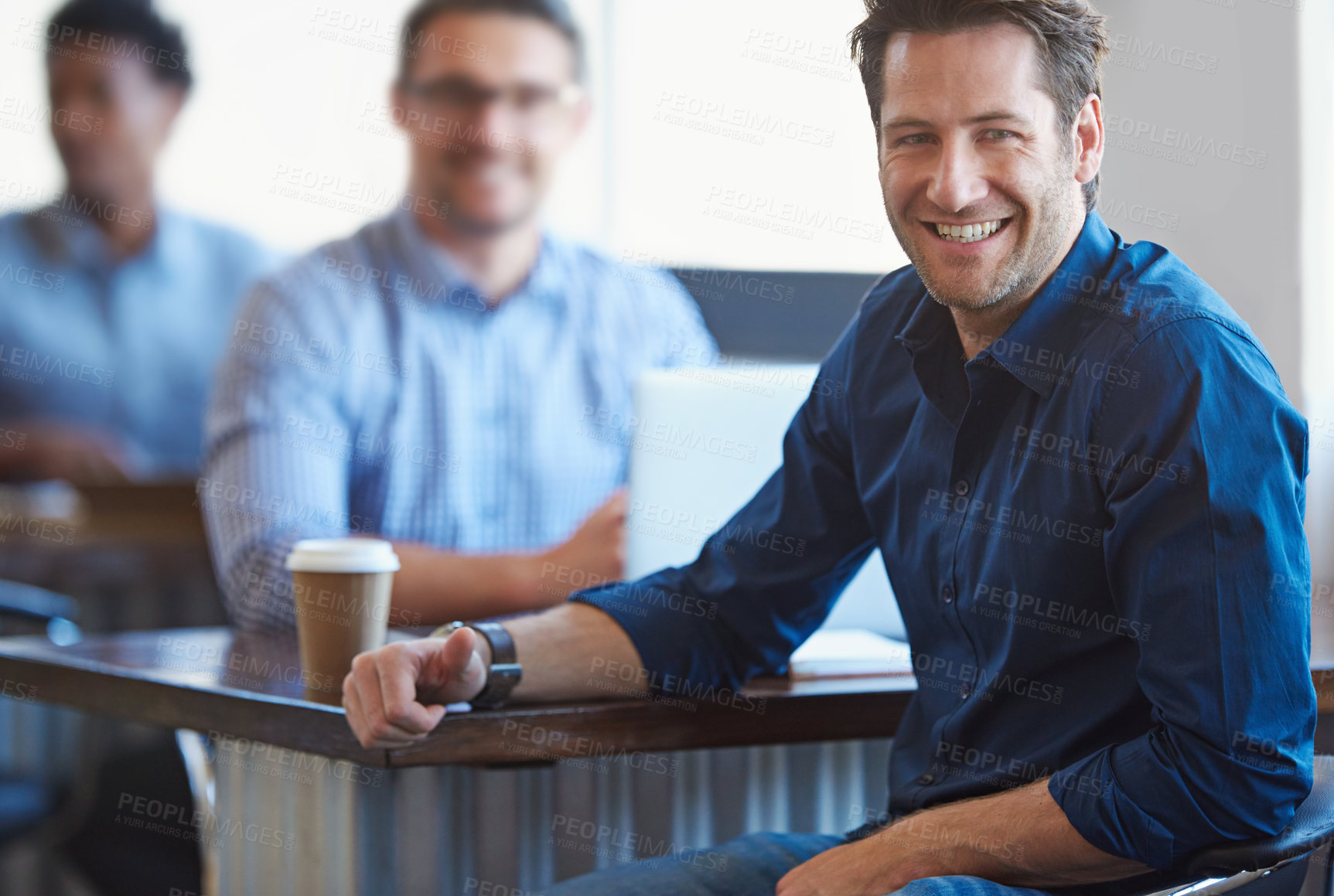 Buy stock photo Meeting, office and portrait of businessman with coffee for teamwork, collaboration and coworking. Professional worker, cafeteria and men with caffeine drink for company break, networking and relax