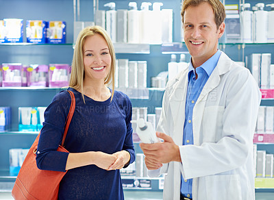 Buy stock photo Portrait of a clinician and customer standing in a cosmetics store