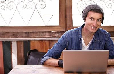 Buy stock photo Laptop, restaurant smile and portrait of happy man, writer or person working on online project, story or research paper. Freelance, blog or cafe customer, client or hipster typing social network post