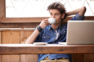 Buy stock photo Laptop, coffee cup and relax man, restaurant customer or retail store client drinking espresso, latte or caffeine drink. Hot chocolate, morning wellness and male student with tea in school cafeteria