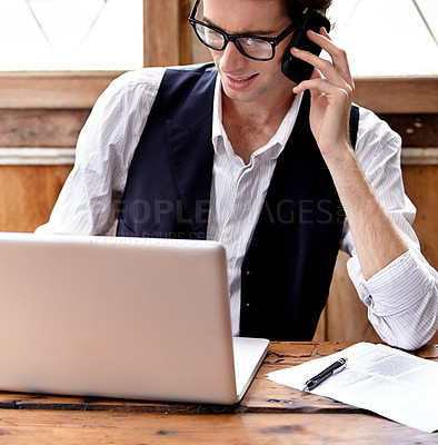 Buy stock photo Laptop, phone call and cafe business owner, man or manager check coffee shop data, info or sales numbers. Hospitality management, cellphone conversation or professional person working in startup cafe