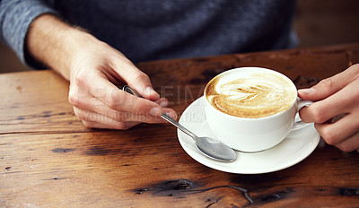 Buy stock photo Coffee break, restaurant cup or hands of person, store client or customer drinking morning tea, espresso or caffeine drink. Stress relief, mug or consumer relax in store shop, cafeteria or diner cafe