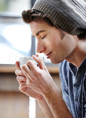 Buy stock photo Cup, coffee shop drink and man smell morning beverage, espresso aroma or fresh cappuccino scent. Lunch break, wellness or profile person, customer or male student relax in cafeteria cafe