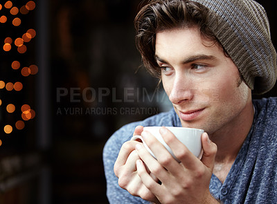 Buy stock photo Coffee shop, tea cup or face of young man, consumer or hipster student drinking beverage, latte or drink at local restaurant. Wellness, calm or relax person on cafe leisure break with fresh green tea