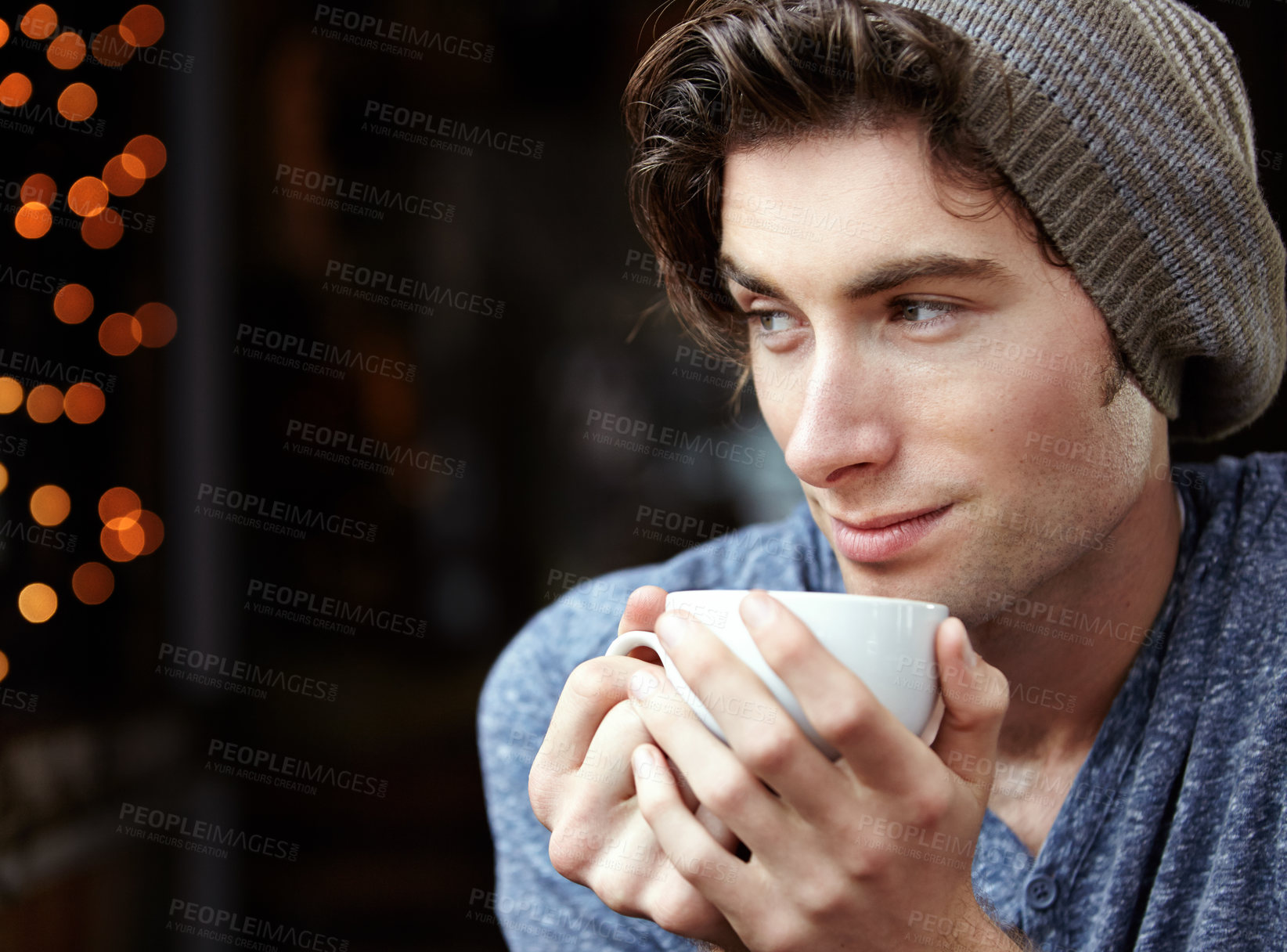 Buy stock photo Coffee shop, tea cup or face of young man, consumer or hipster student drinking beverage, latte or drink at local restaurant. Wellness, calm or relax person on cafe leisure break with fresh green tea