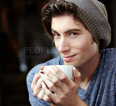 Buy stock photo Coffee shop portrait, tea cup or face of man, hipster or gen z student drinking matcha, espresso shot or drink at local restaurant. Wellness, aroma or male client on cafe leisure break with green tea