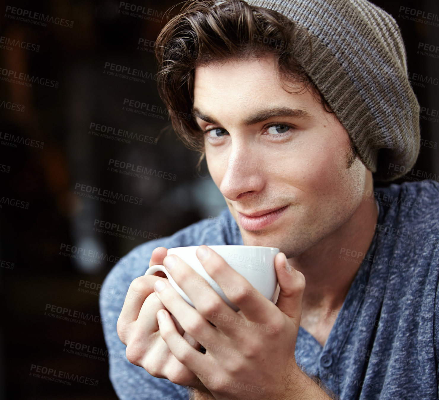 Buy stock photo Coffee shop portrait, tea cup or face of man, hipster or gen z student drinking matcha, espresso shot or drink at local restaurant. Wellness, aroma or male client on cafe leisure break with green tea