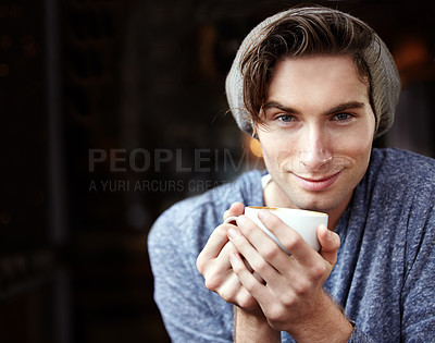 Buy stock photo Cafe portrait, tea cup and happiness of man smile for morning matcha drink, hospitality service or coffee house restaurant. Hipster, local diner or face of happy male consumer on stress relief break 